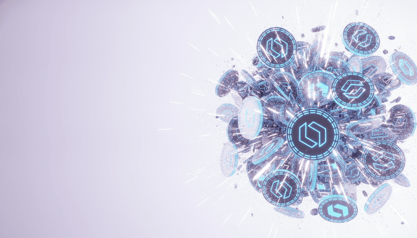 Crypto tokens representing a liquidation cascade with forced selling across leveraged positions