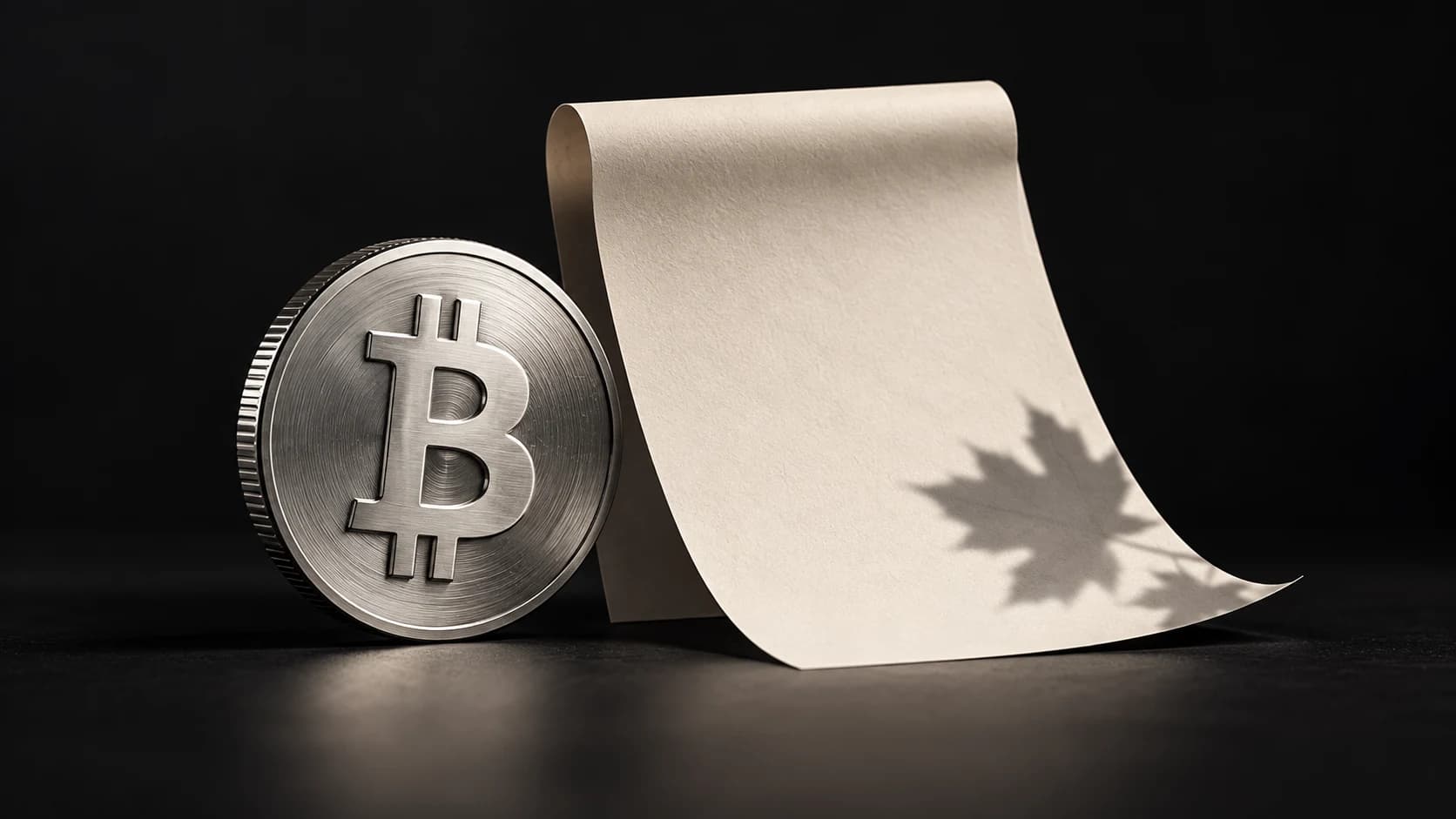 A silver Bitcoin token beside a blank paper leaf with an autumn leaf shadow.