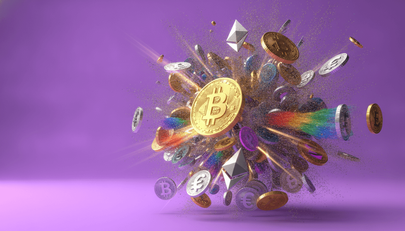 Colorful crypto tokens representing live market price action and current conditions