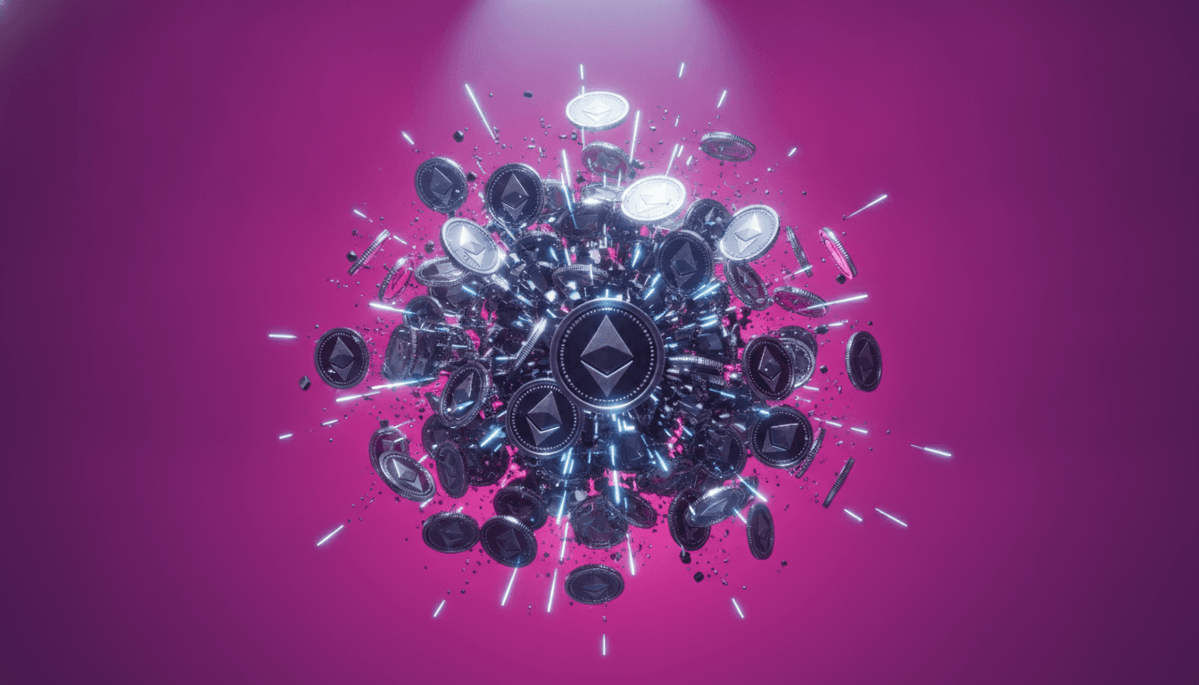 Crypto tokens representing a liquidation cascade with forced selling across leveraged positions