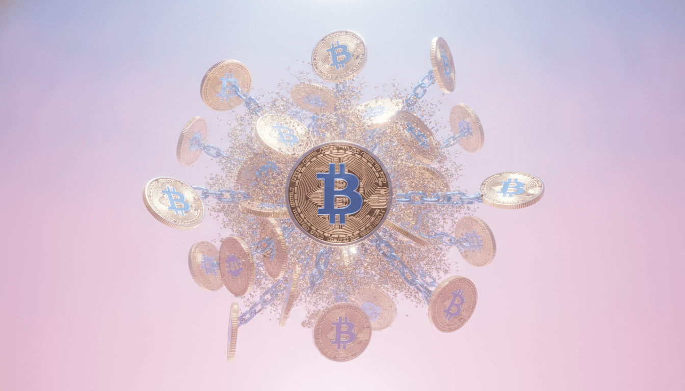 Crypto tokens representing a liquidation cascade with forced selling across leveraged positions