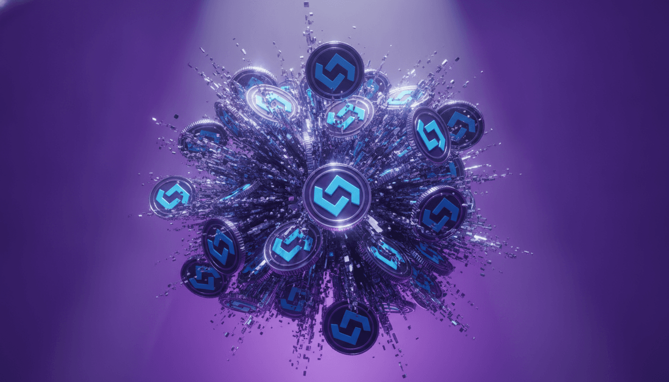 Crypto tokens representing a liquidation cascade with forced selling across leveraged positions